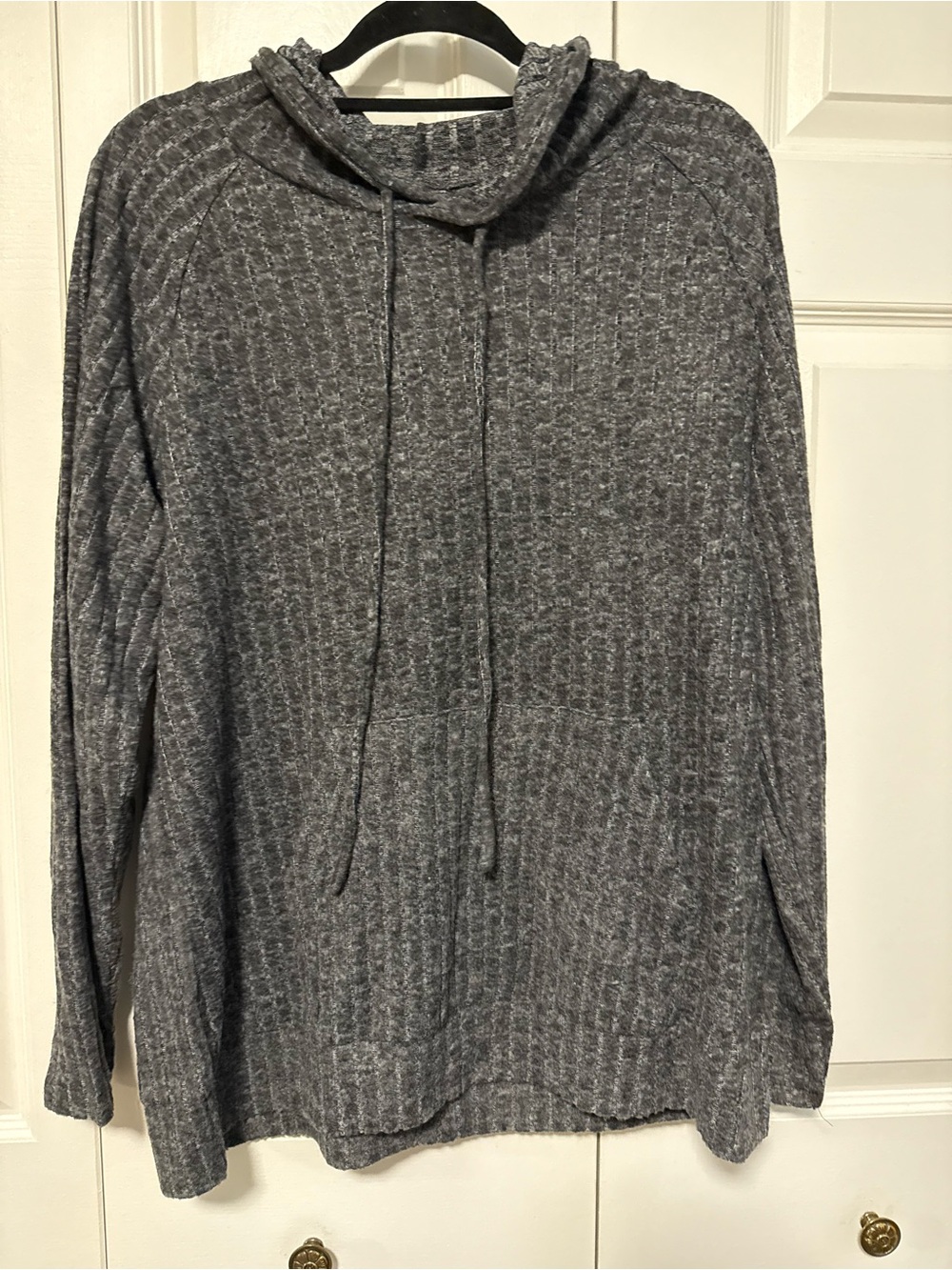 Amazon Women's Gray Ribbed Drawstring Hooded Pullover